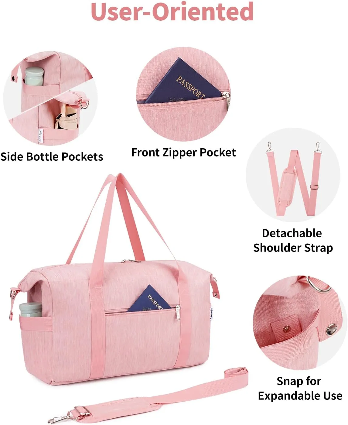 Narwey Carry on luaggage 22x14x9 Airlines Approved Foldable Carry on Bag Travel Duffel Packable Duffle with Wet Pocket Overnight for Women and Men 40L (Pink)