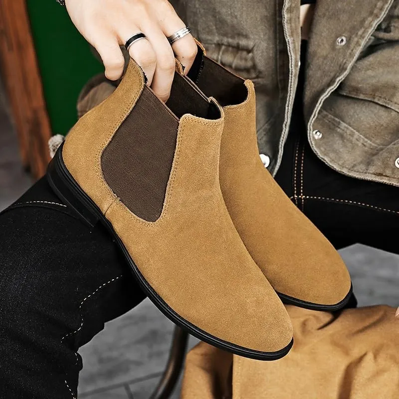 New Men's Chelsea Boots Solid Color Suede Vamp Elastic Band Slip On Anti-slip Wearable Waterproof Non Slip Classic Pull On