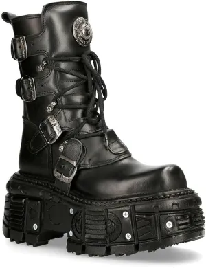 New Rock BOOTS TANK373-S1 Black Leather Unisex Combat Platform Biker Goth Shoes