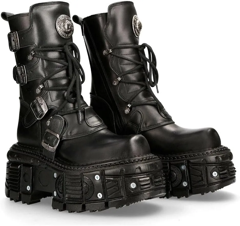 New Rock BOOTS TANK373-S1 Black Leather Unisex Combat Platform Biker Goth Shoes