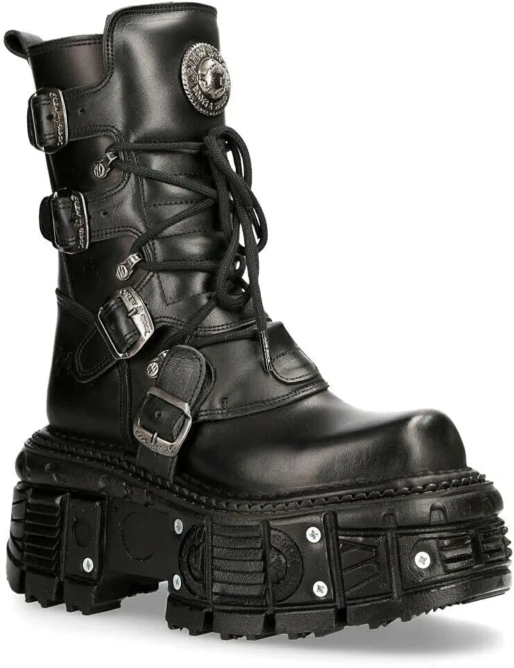 New Rock BOOTS TANK373-S1 Black Leather Unisex Combat Platform Biker Goth Shoes