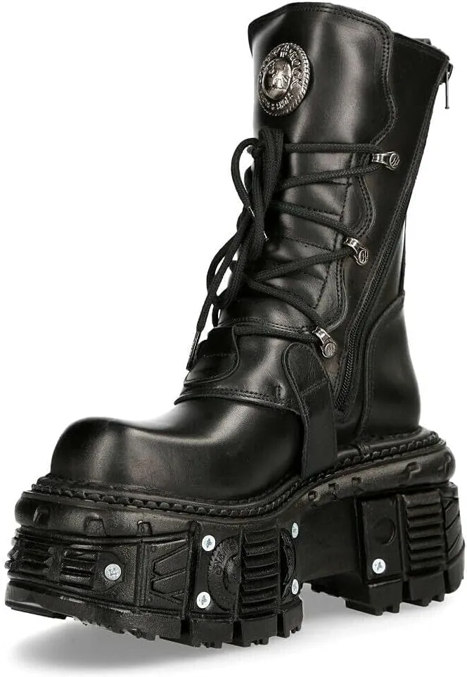 New Rock BOOTS TANK373-S1 Black Leather Unisex Combat Platform Biker Goth Shoes