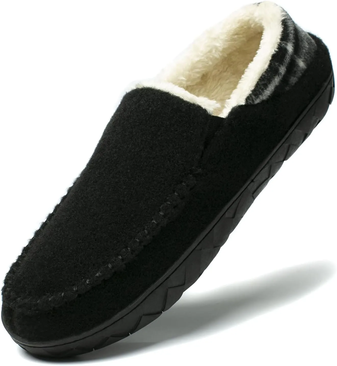 NewDenBer Men's Moccasin Slippers Warm Memory Foam Felted Wool Plush Shearling Lined Slip on Indoor Outdoor House Shoes