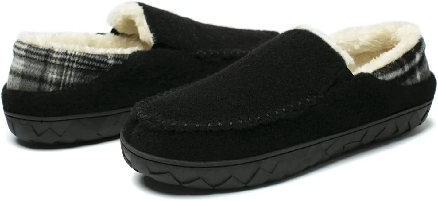 NewDenBer Men's Moccasin Slippers Warm Memory Foam Felted Wool Plush Shearling Lined Slip on Indoor Outdoor House Shoes