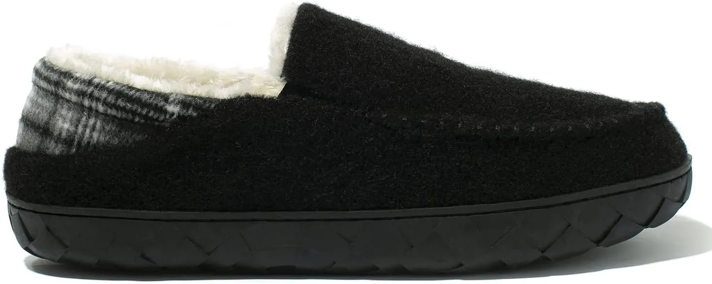 NewDenBer Men's Moccasin Slippers Warm Memory Foam Felted Wool Plush Shearling Lined Slip on Indoor Outdoor House Shoes