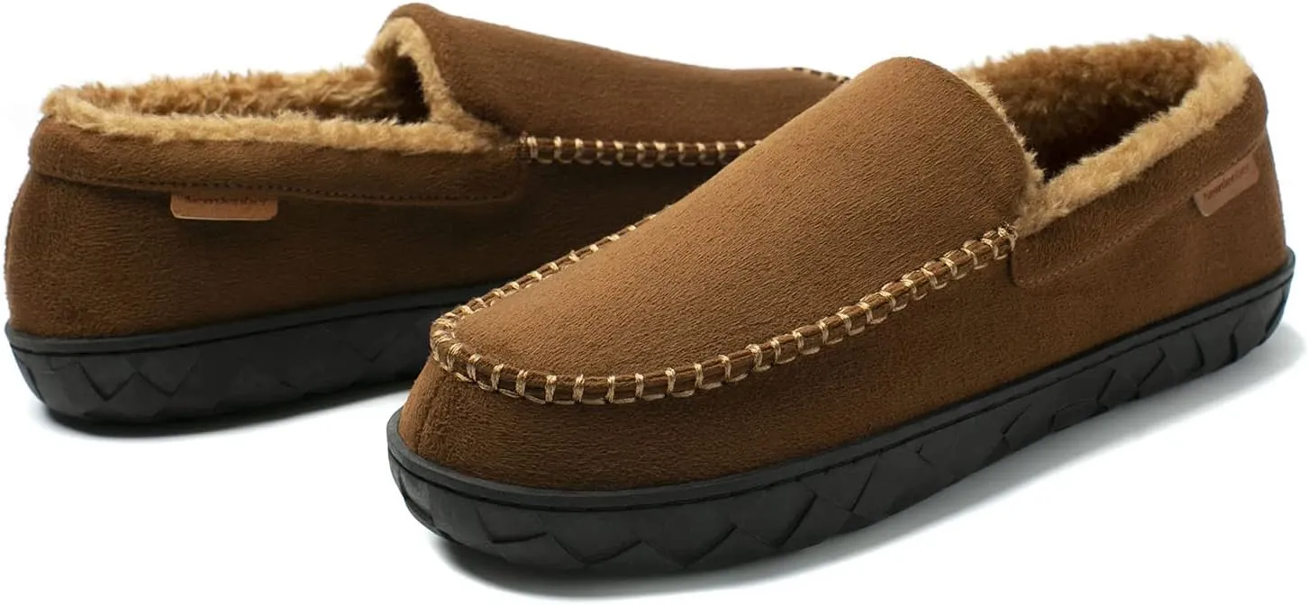 NewDenBer Men's Moccasin Slippers Warm Memory Foam Suede Soft Plush Lined Slip on Indoor Outdoor House Shoes
