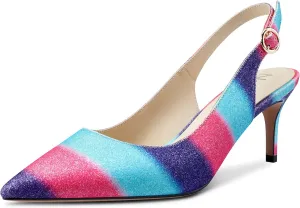 NobleOnly Women's Slingback Kitten Heels Pumps Comfortable Leather Mid Heel Pointed Toe Stiletto Office Classic Shoes 6 CM Heel