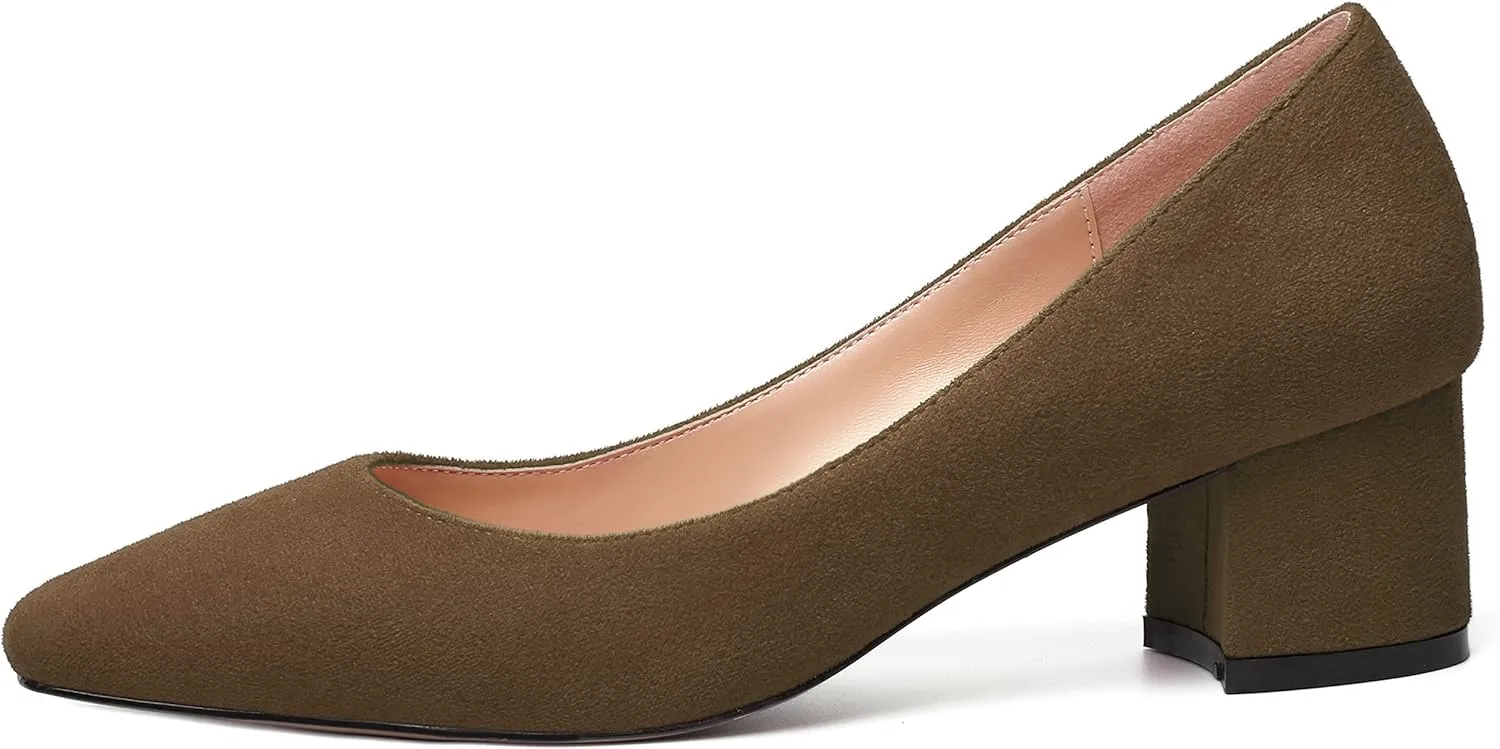 NUMALEO Womens Suede Solid Office Square Toe Slip On Casual Chunky Low Heel Pumps Shoes 2 Inch