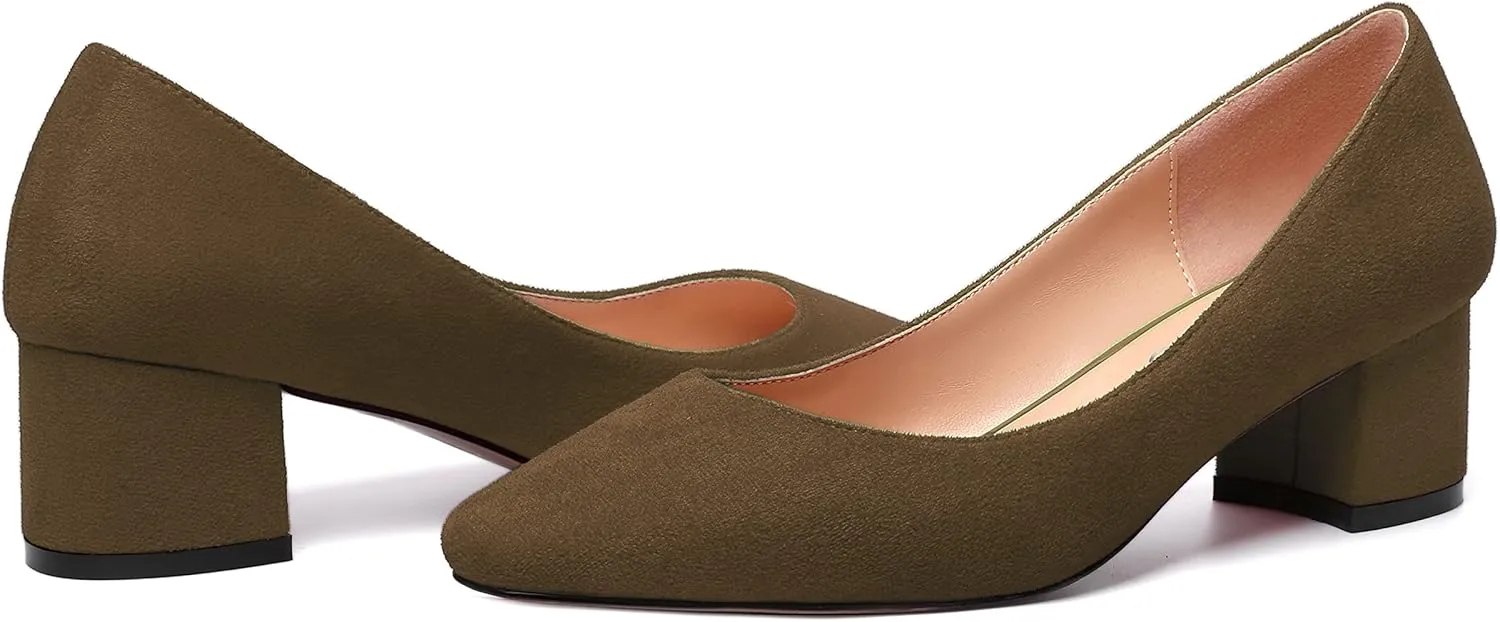 NUMALEO Womens Suede Solid Office Square Toe Slip On Casual Chunky Low Heel Pumps Shoes 2 Inch