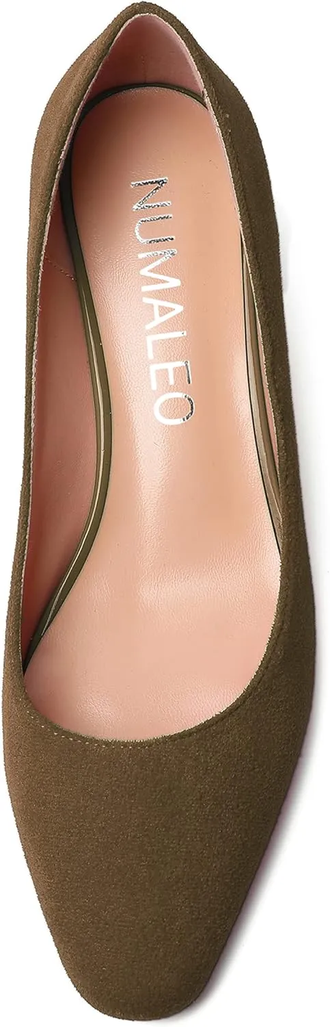NUMALEO Womens Suede Solid Office Square Toe Slip On Casual Chunky Low Heel Pumps Shoes 2 Inch
