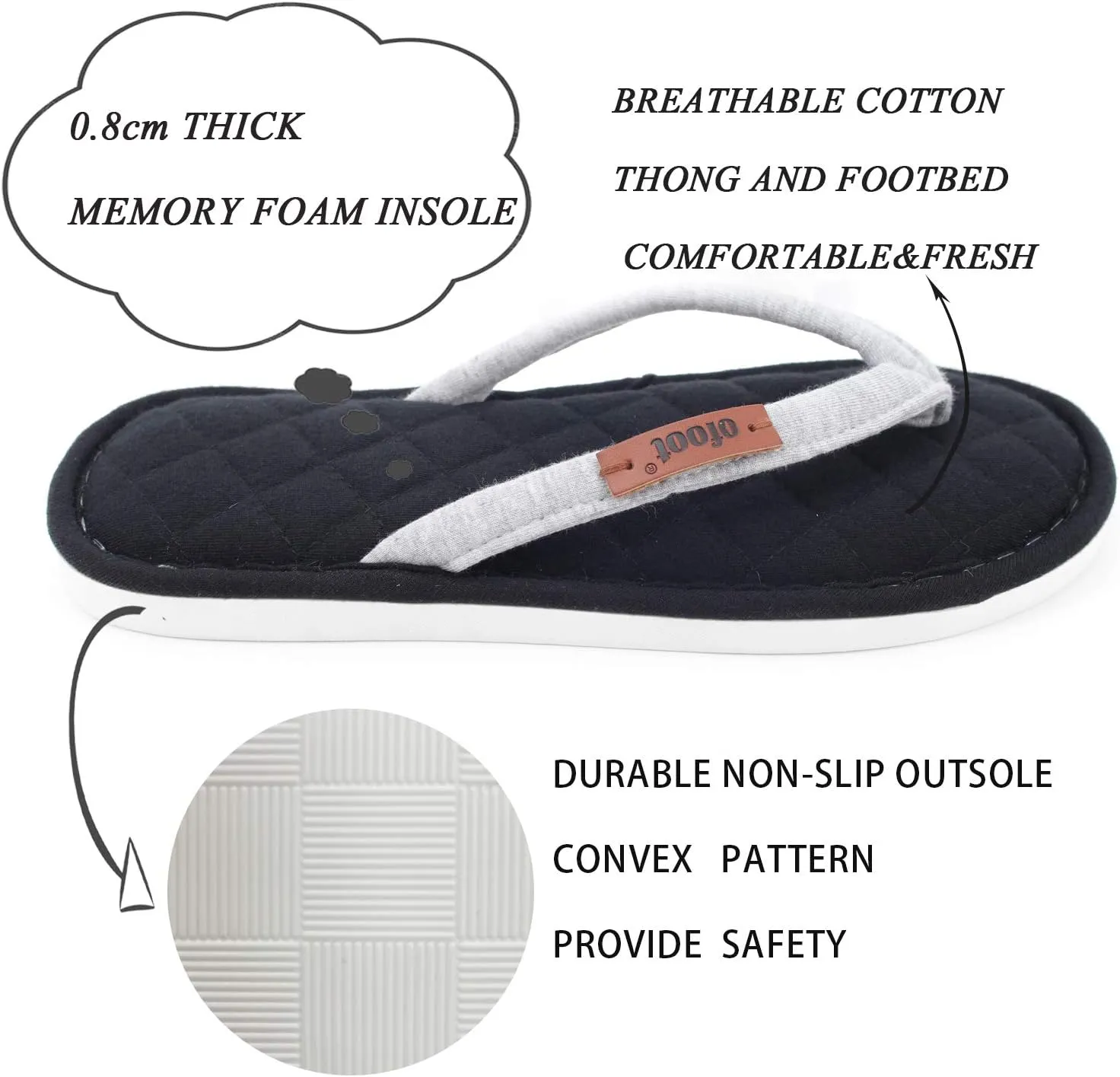 ofoot Women's Cozy Cotton House Slippers Thong Flip Flops Memory Foam Insole Open Toe Indoor Slip On Shoes
