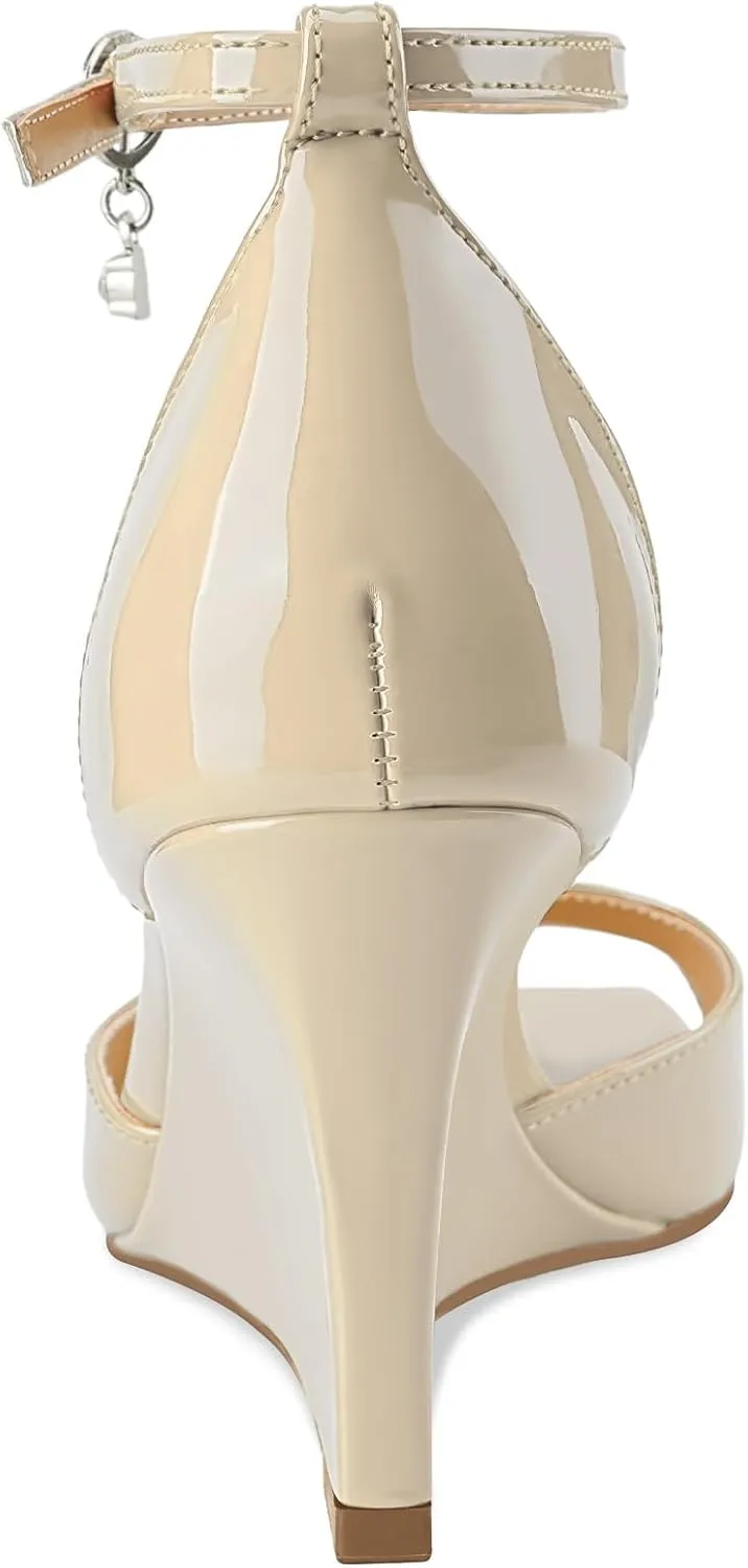 Oh Mispares Black Wedge Heels for Women Square Toe Sandals Ankle Strap 3.5 Inch Elegant Wedding Sandals for Brides