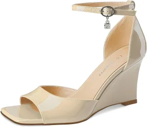 Oh Mispares Black Wedge Heels for Women Square Toe Sandals Ankle Strap 3.5 Inch Elegant Wedding Sandals for Brides