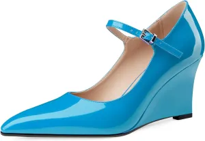 Oh Mispares Women's Wedge Heel Pumps Pointed Toe Mary Jane High Heels Adjustable Strap Elegant Closed Toe Wedding Bride Office Dress Shoes 3 Inches