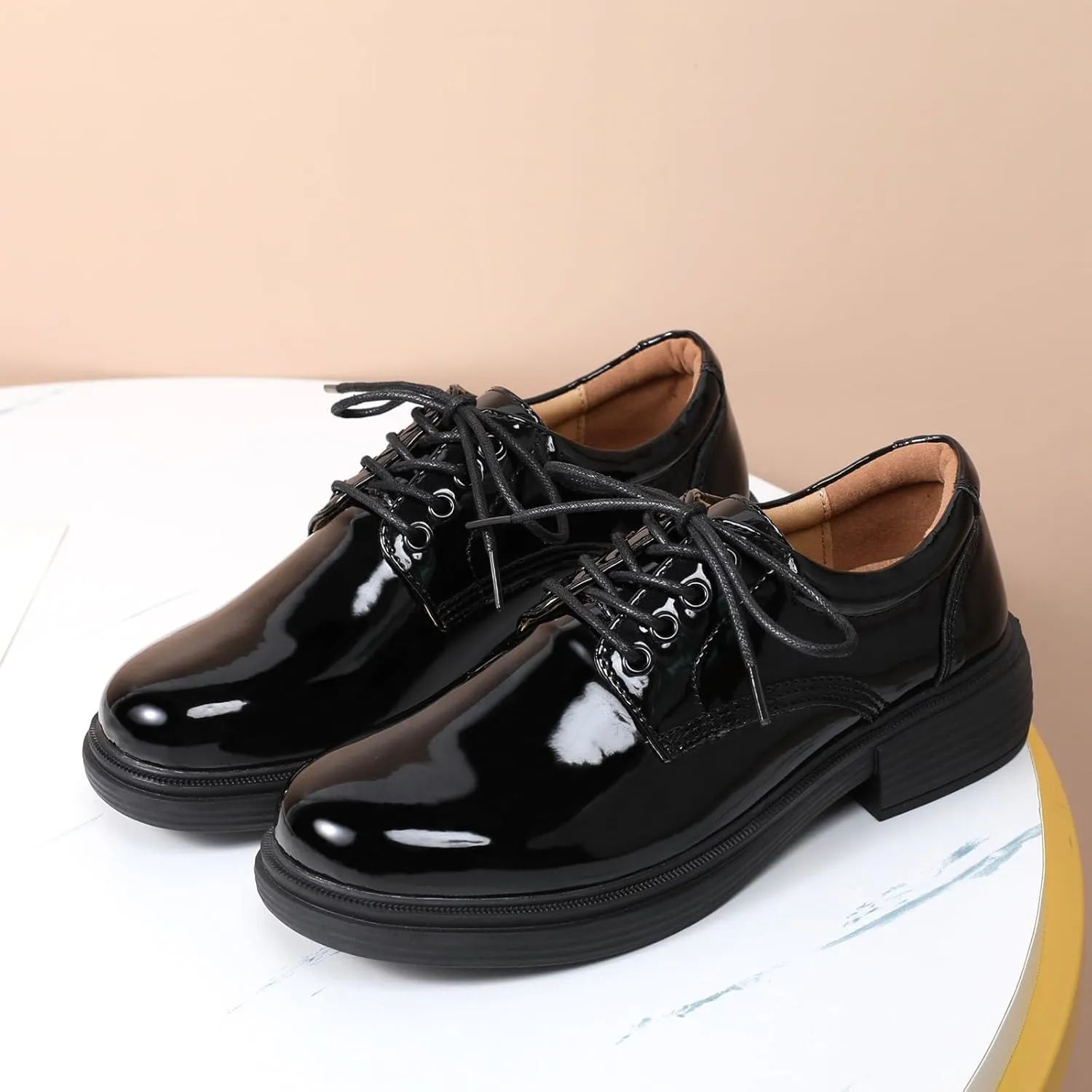 OKJ Oxford Shoes for Women, Black Womens Oxford Shoes Leather Platform Women's Oxfords Comfortable Dressy Slip On, Lace Up Loafers Casual Work Business Dress Office Oxfords Shoes