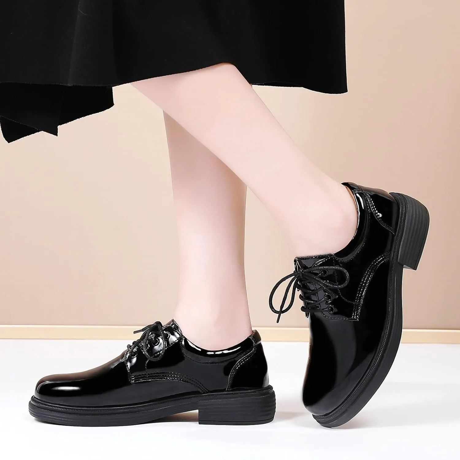 OKJ Oxford Shoes for Women, Black Womens Oxford Shoes Leather Platform Women's Oxfords Comfortable Dressy Slip On, Lace Up Loafers Casual Work Business Dress Office Oxfords Shoes