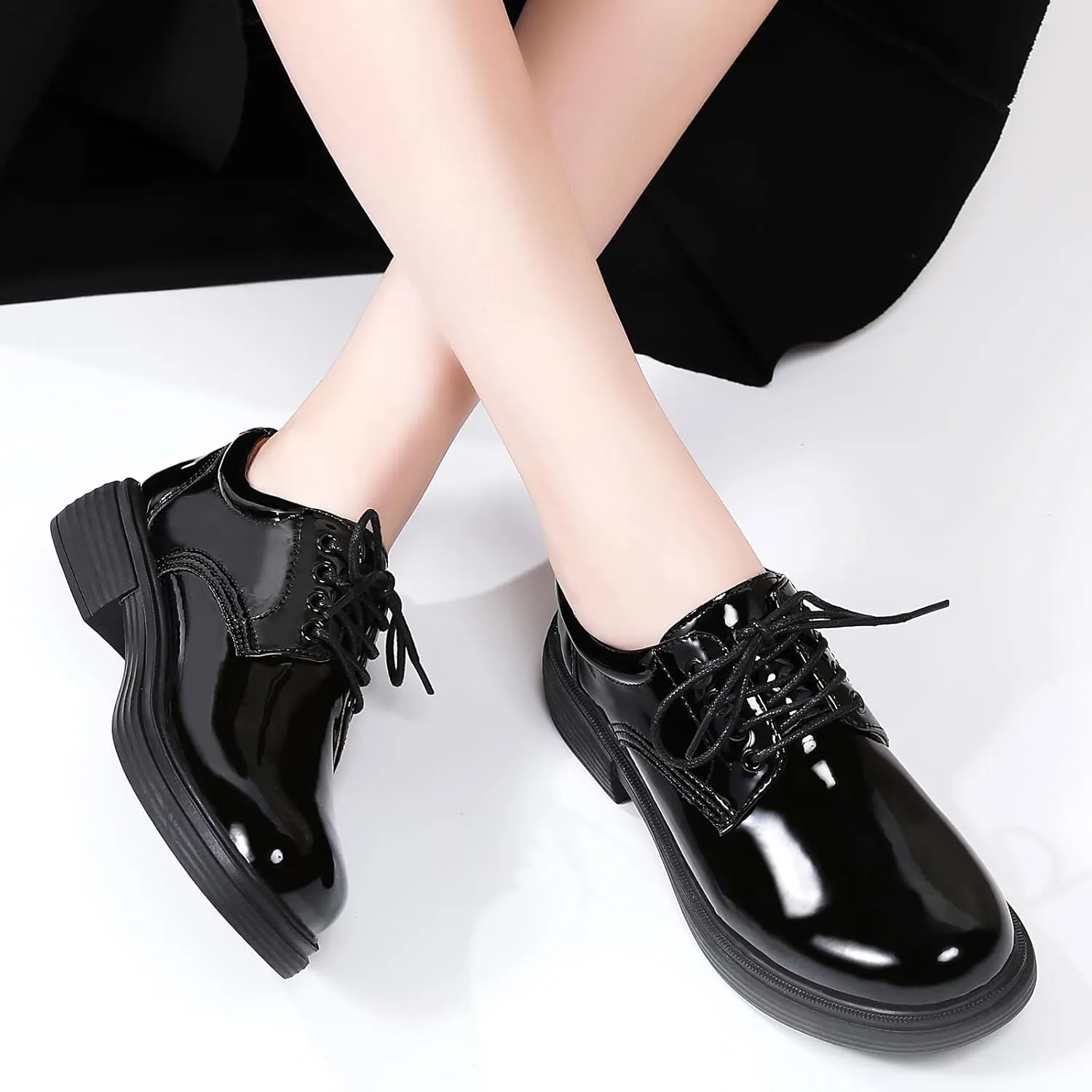 OKJ Oxford Shoes for Women, Black Womens Oxford Shoes Leather Platform Women's Oxfords Comfortable Dressy Slip On, Lace Up Loafers Casual Work Business Dress Office Oxfords Shoes
