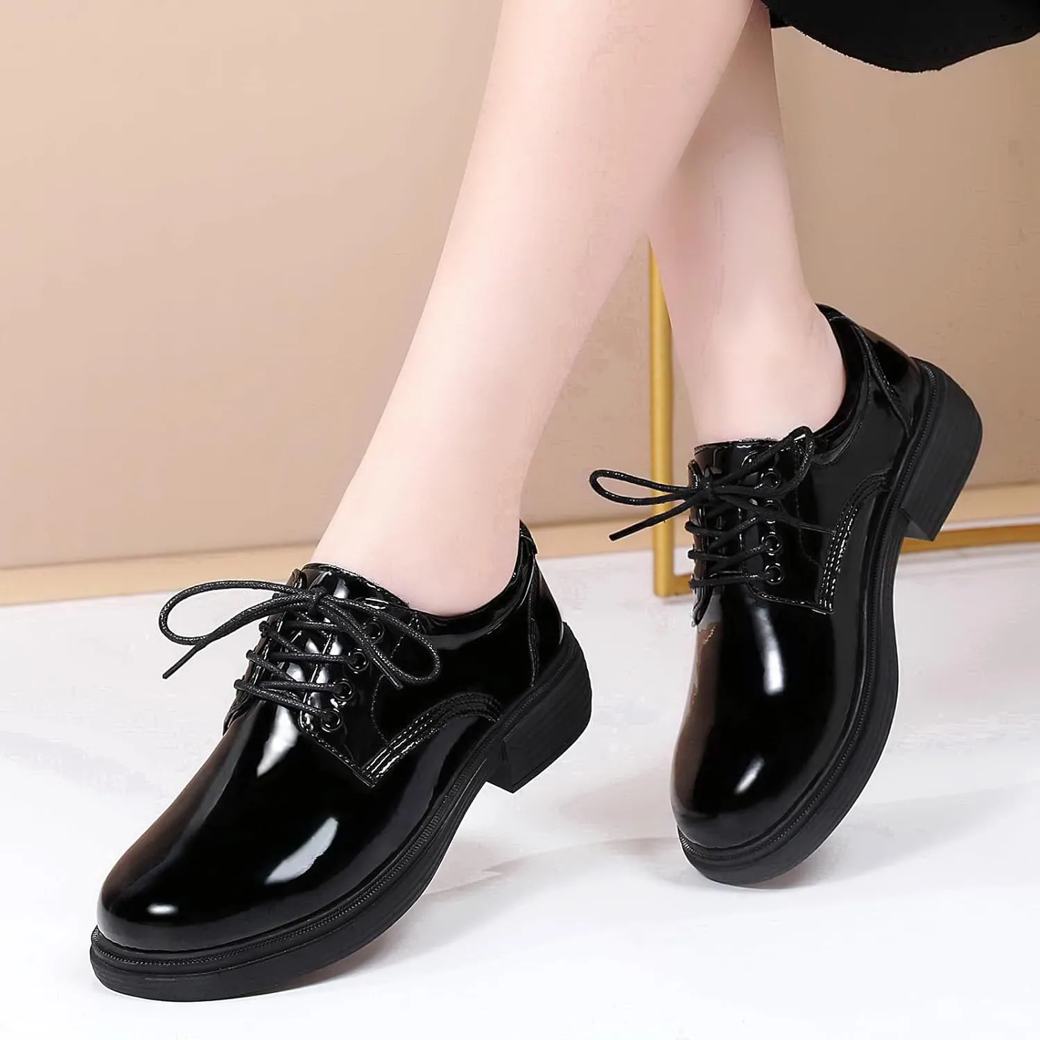 OKJ Oxford Shoes for Women, Black Womens Oxford Shoes Leather Platform Women's Oxfords Comfortable Dressy Slip On, Lace Up Loafers Casual Work Business Dress Office Oxfords Shoes