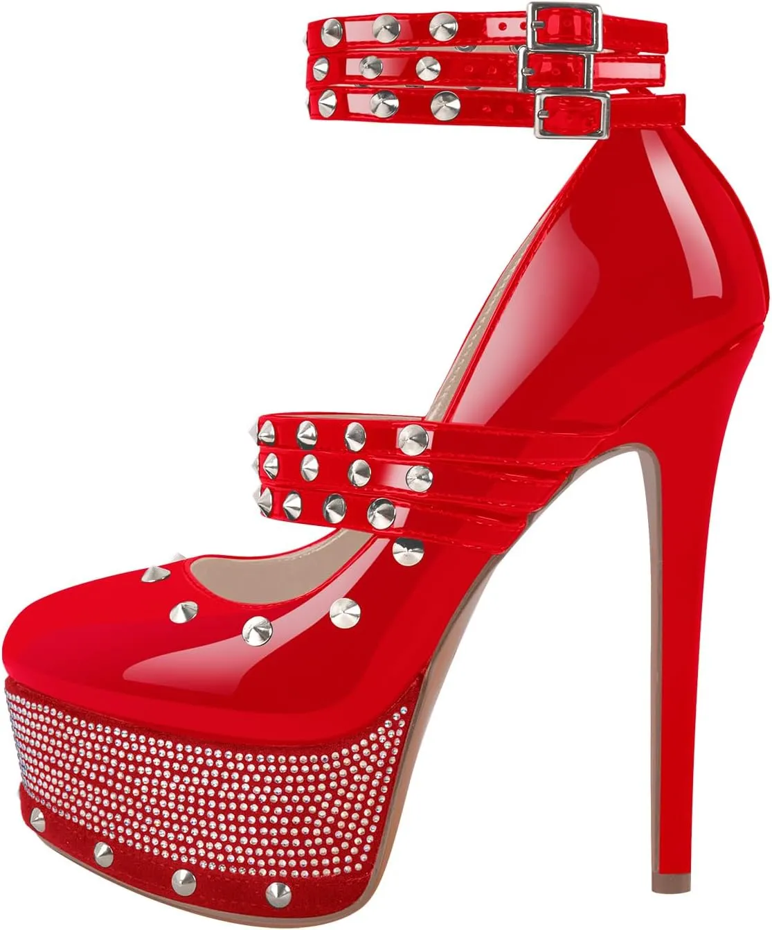 onlymaker Close Toe Stiletto Platform Mary Jane Pumps for Women Triple Buckle up Rivet Studded Strappy Party Shoes