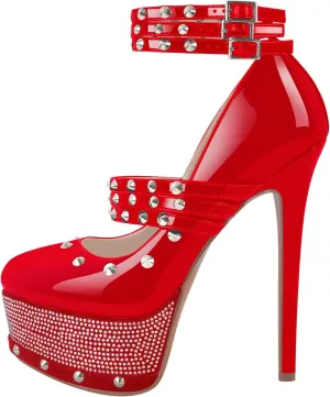 onlymaker Close Toe Stiletto Platform Mary Jane Pumps for Women Triple Buckle up Rivet Studded Strappy Party Shoes