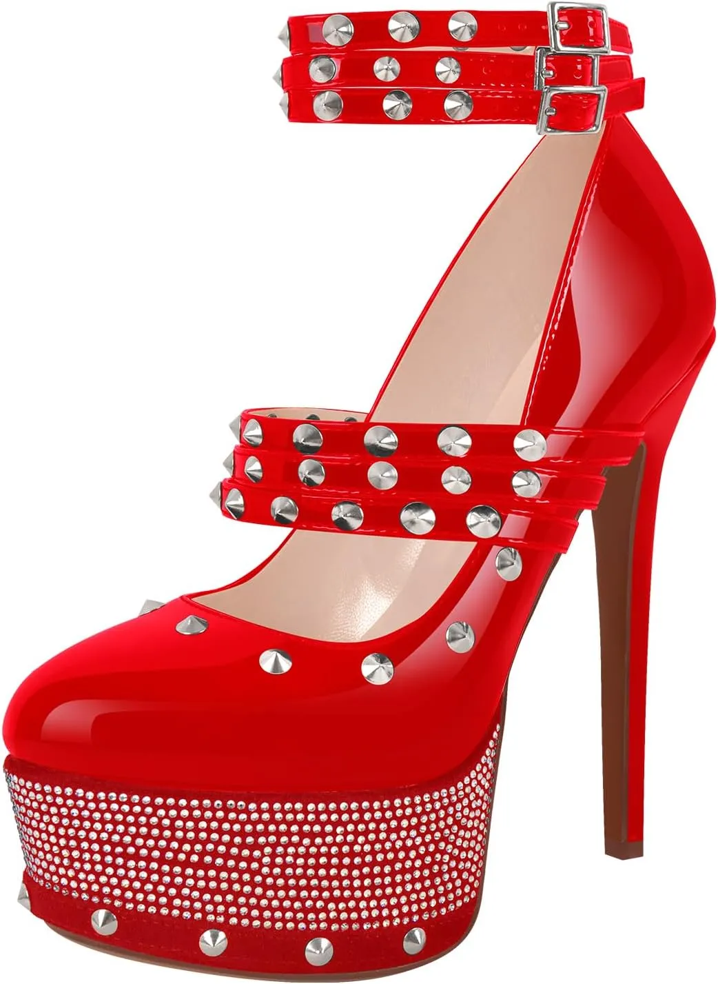 onlymaker Close Toe Stiletto Platform Mary Jane Pumps for Women Triple Buckle up Rivet Studded Strappy Party Shoes