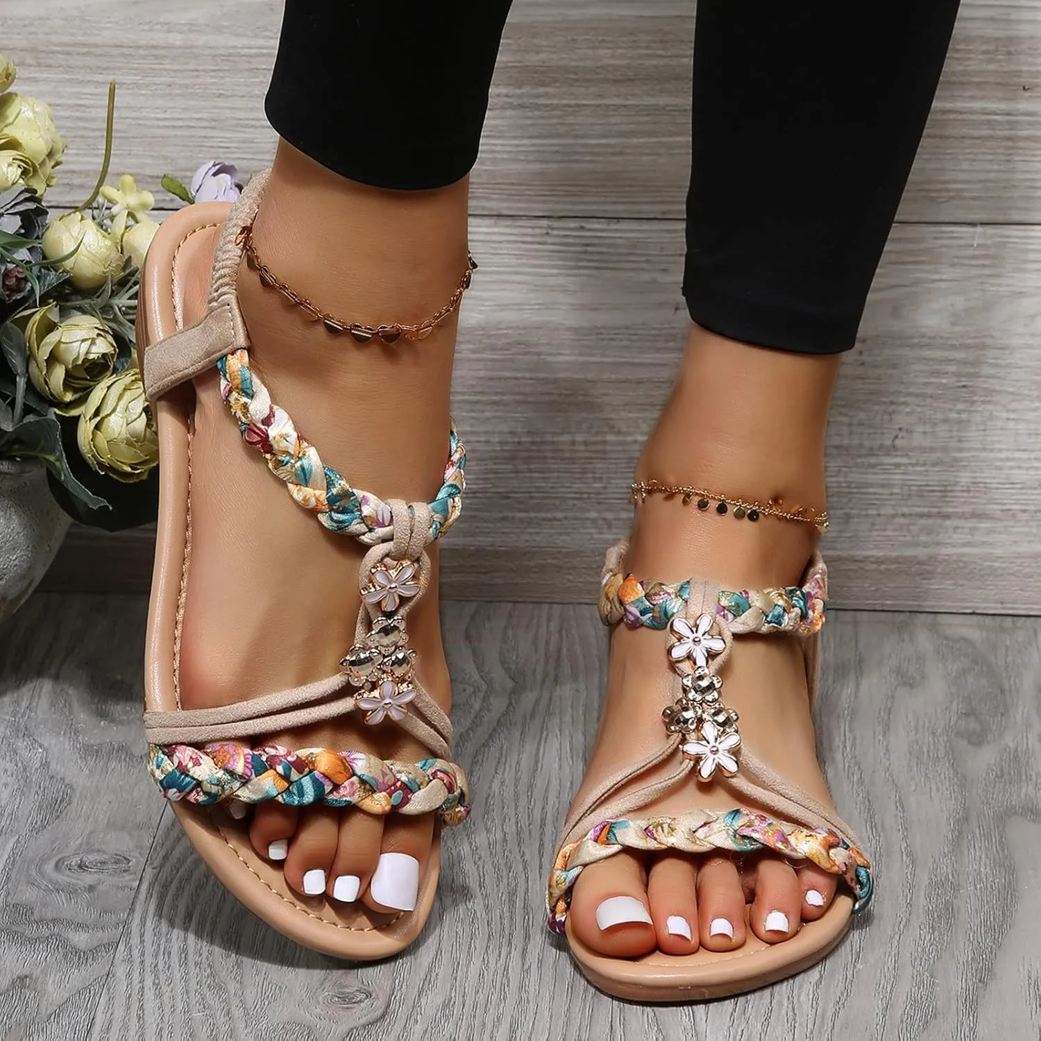 Outdoor Sandals Women's Beach Shoes Flip Flops Elegant Orthopaedic Breathable Leisure Strap Comfortable Trendy with Rhinestone