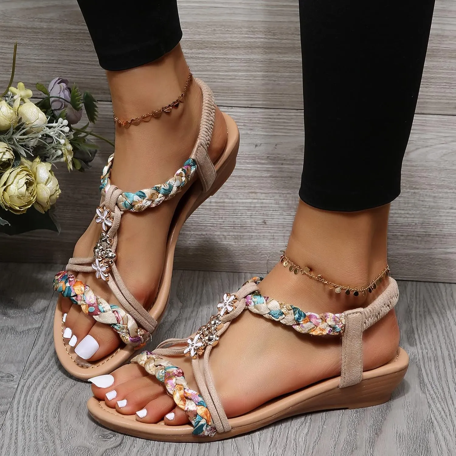 Outdoor Sandals Women's Beach Shoes Flip Flops Elegant Orthopaedic Breathable Leisure Strap Comfortable Trendy with Rhinestone