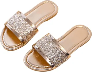 OYOANGLE Girl's Rhinestone Metallic Open Toe Sandals Sparkly Single Strap Slip On Flat Casual Outdoor Slippers
