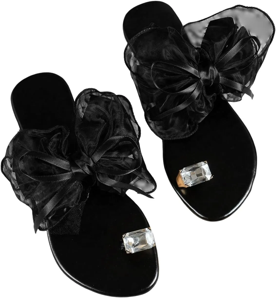 OYOANGLE Women's Rhinestone Toe Ring Bowknot Sandals Open Toe Flat Flip Flops Casual Elegant Sandals