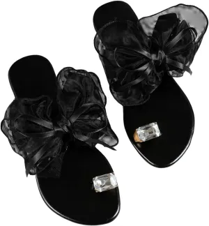 OYOANGLE Women's Rhinestone Toe Ring Bowknot Sandals Open Toe Flat Flip Flops Casual Elegant Sandals