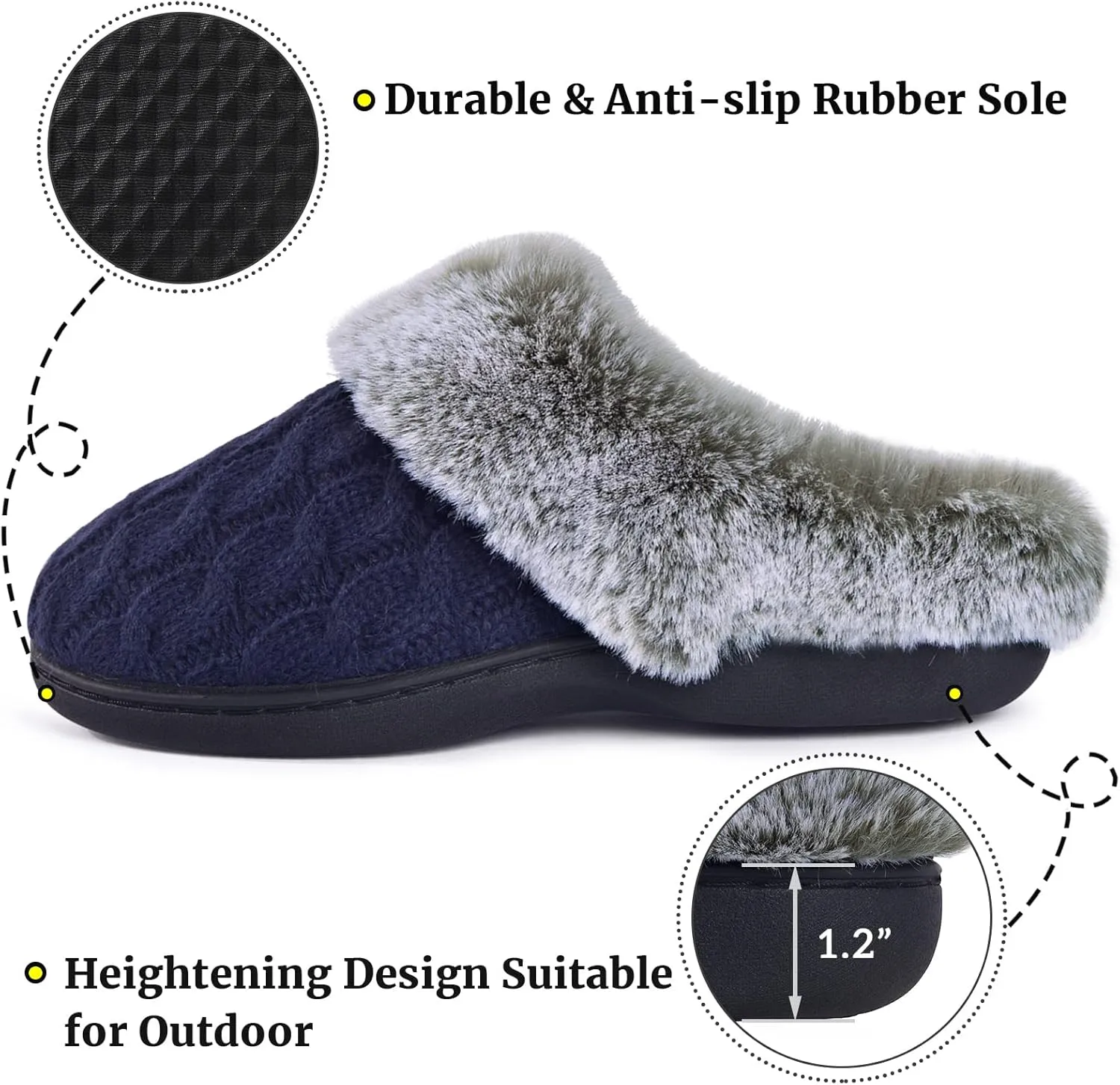 Parlovable Women's Fuzzy House Slippers Warm Soft Memory Foam Bedroom Shoes Slip on Cable Knit Rubber Sole Indoor