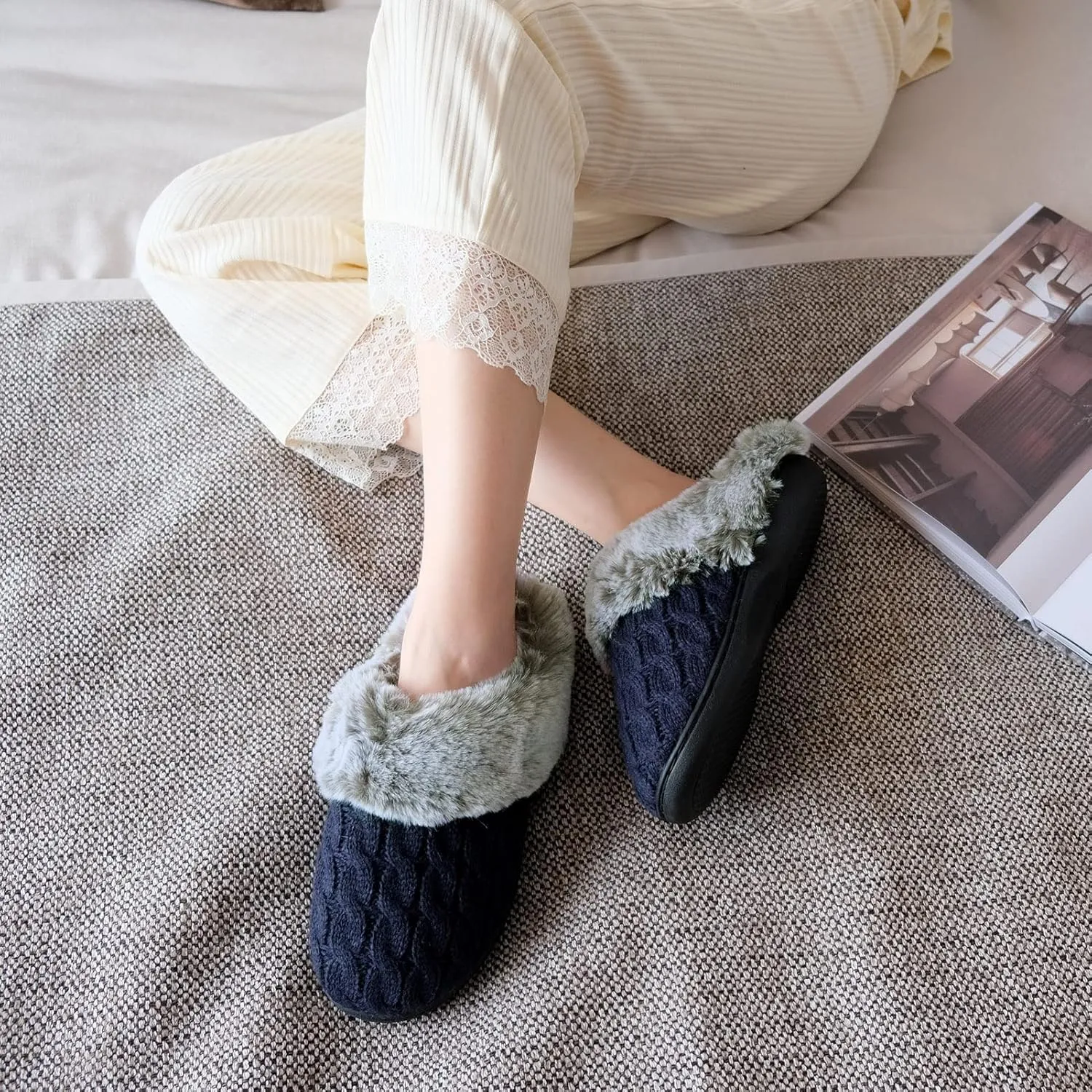 Parlovable Women's Fuzzy House Slippers Warm Soft Memory Foam Bedroom Shoes Slip on Cable Knit Rubber Sole Indoor