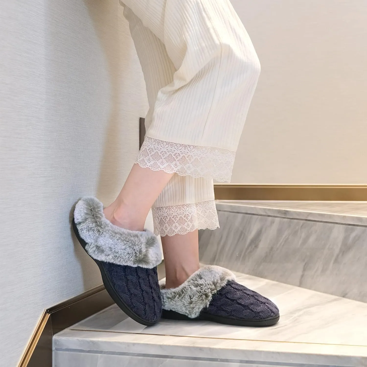 Parlovable Women's Fuzzy House Slippers Warm Soft Memory Foam Bedroom Shoes Slip on Cable Knit Rubber Sole Indoor