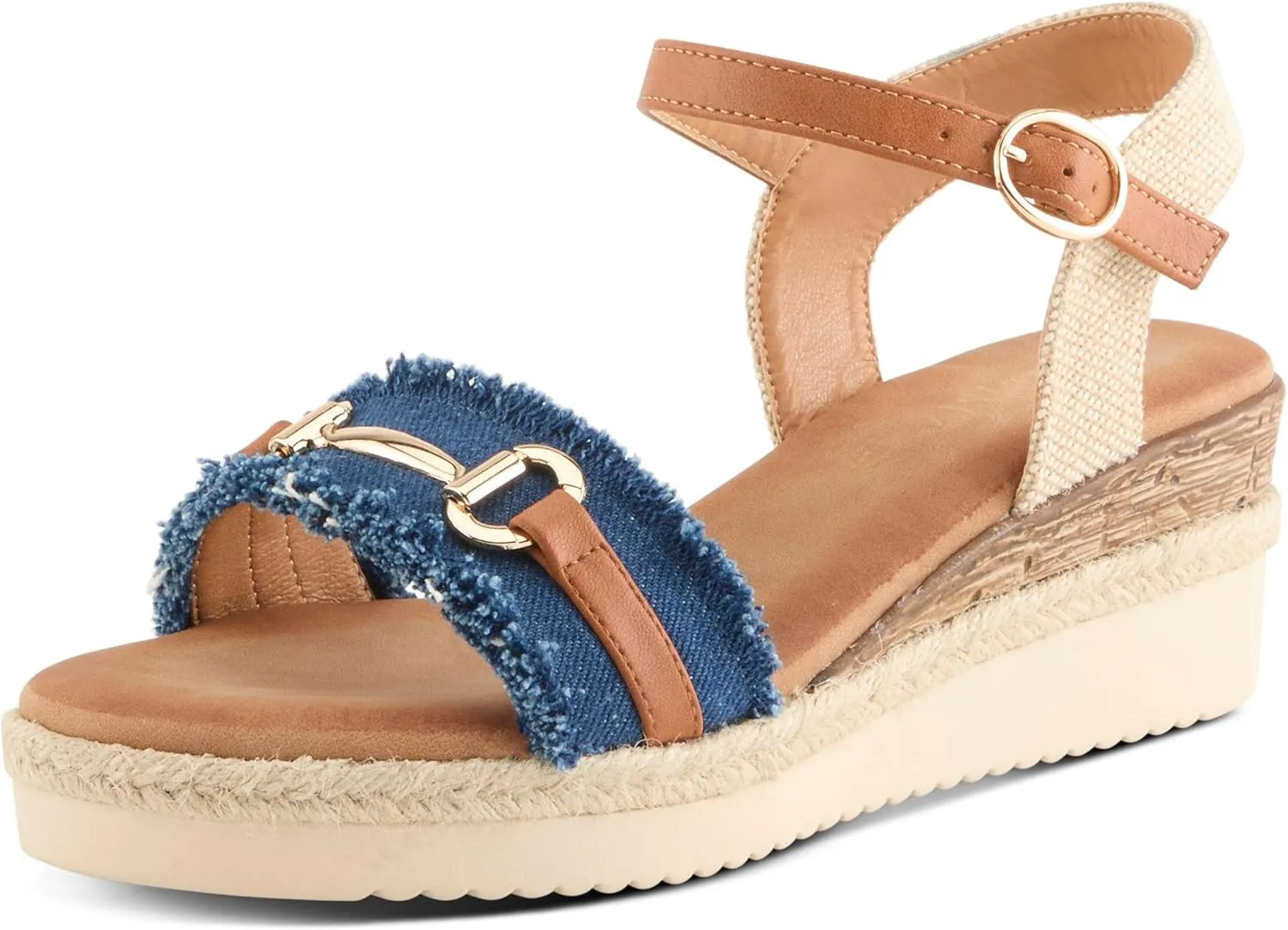 PATRIZIA Women's LEMIRE Buckle Platform Wedge Sandals - Faux Cork and Braided Rope Details, Cushioned Footbed for Comfort