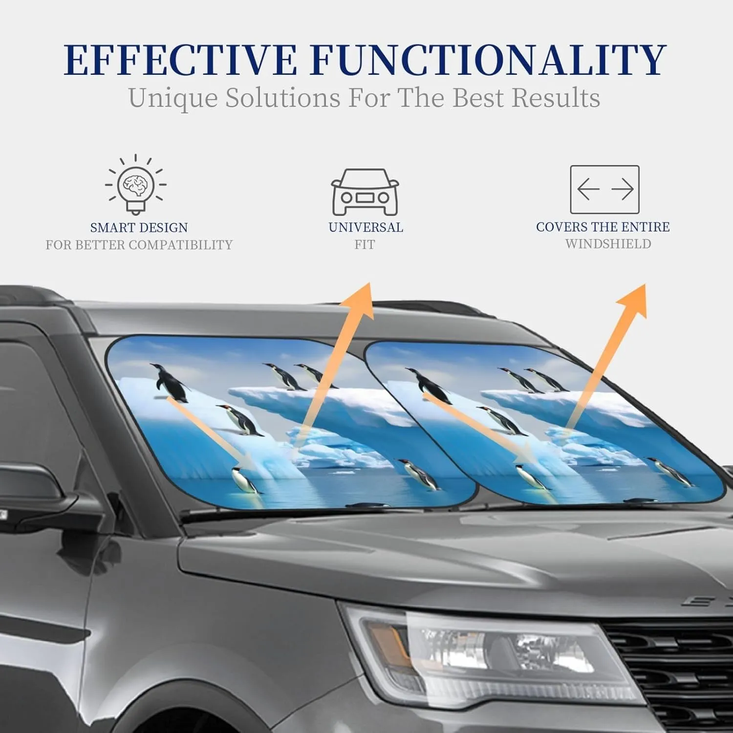 Penguins On The Iceberg Windshield Sun Shade 2 PCS Foldable Car Front Window Sunshade for Sun, Heat and UV Rays Auto Sun Blocker Visor Protector with Storage Bag for Cars, SUVs Small