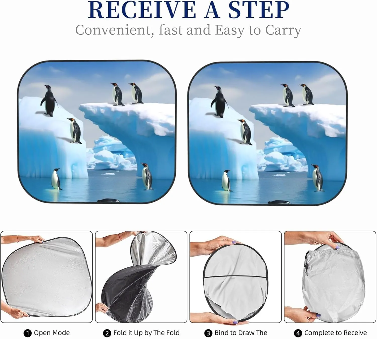 Penguins On The Iceberg Windshield Sun Shade 2 PCS Foldable Car Front Window Sunshade for Sun, Heat and UV Rays Auto Sun Blocker Visor Protector with Storage Bag for Cars, SUVs Small