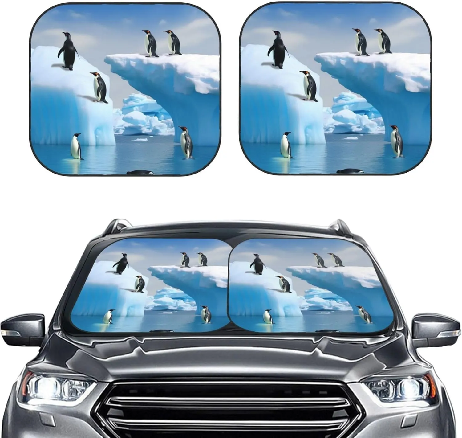 Penguins On The Iceberg Windshield Sun Shade 2 PCS Foldable Car Front Window Sunshade for Sun, Heat and UV Rays Auto Sun Blocker Visor Protector with Storage Bag for Cars, SUVs Small