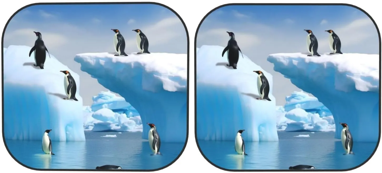 Penguins On The Iceberg Windshield Sun Shade 2 PCS Foldable Car Front Window Sunshade for Sun, Heat and UV Rays Auto Sun Blocker Visor Protector with Storage Bag for Cars, SUVs Small