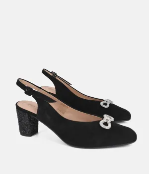PieSanto Plush Black Suede Block Heel Slingbacks