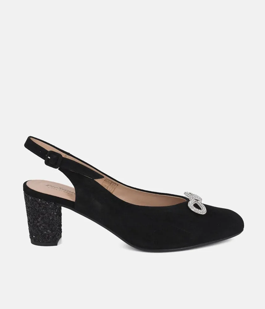 PieSanto Plush Black Suede Block Heel Slingbacks