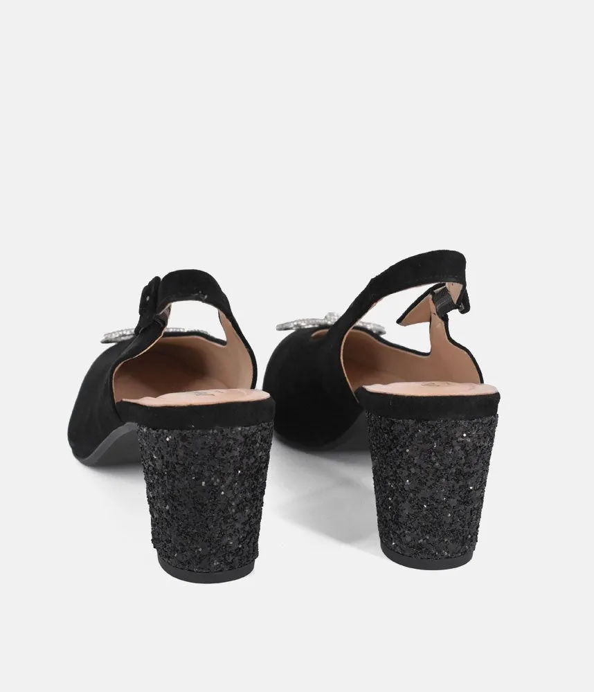 PieSanto Plush Black Suede Block Heel Slingbacks