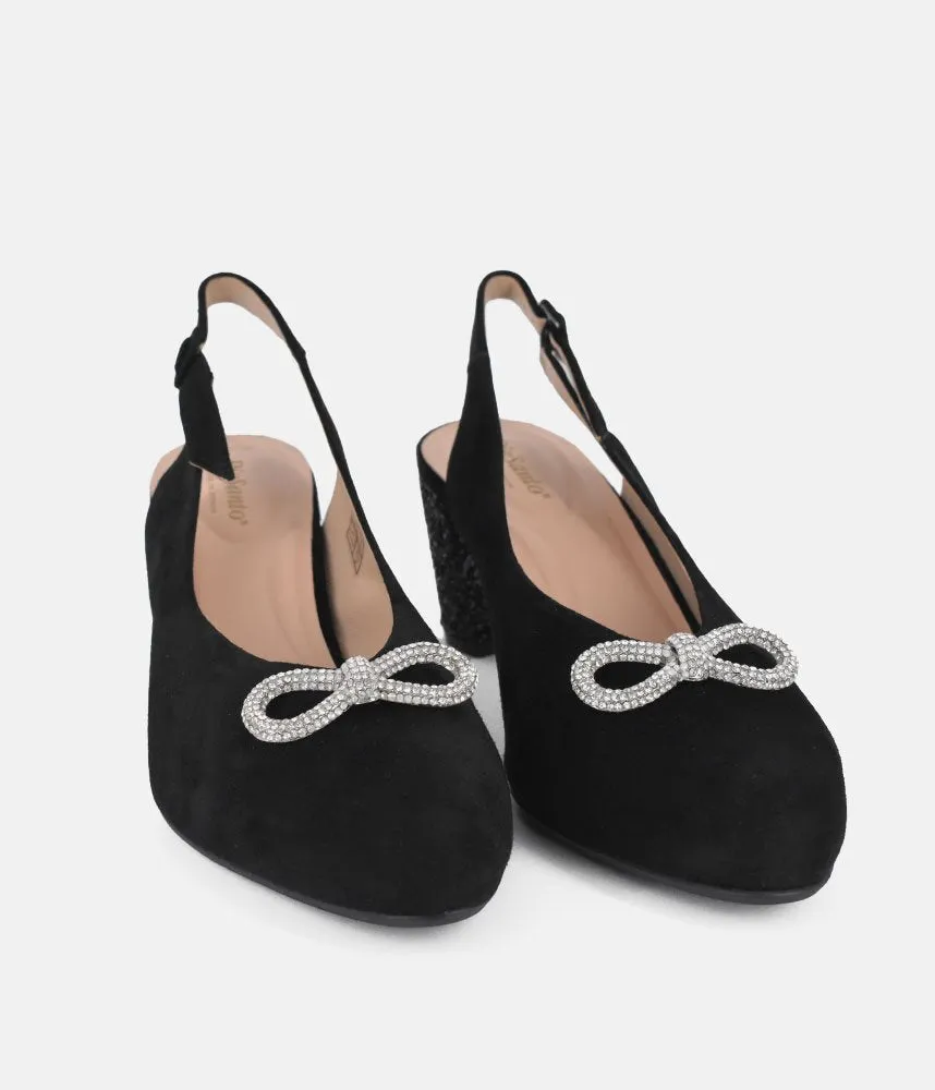 PieSanto Plush Black Suede Block Heel Slingbacks