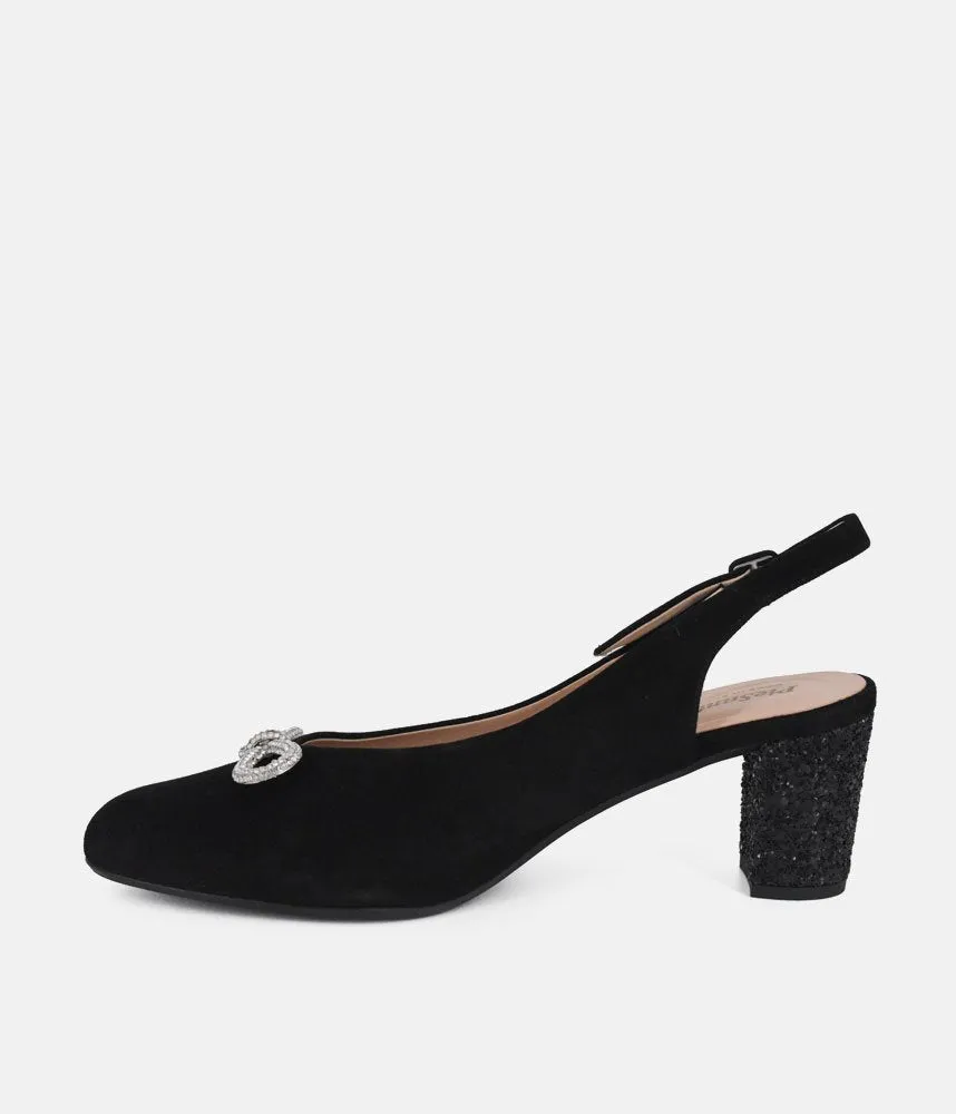 PieSanto Plush Black Suede Block Heel Slingbacks