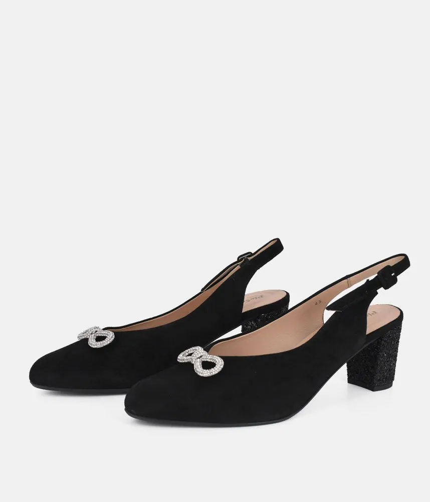 PieSanto Plush Black Suede Block Heel Slingbacks