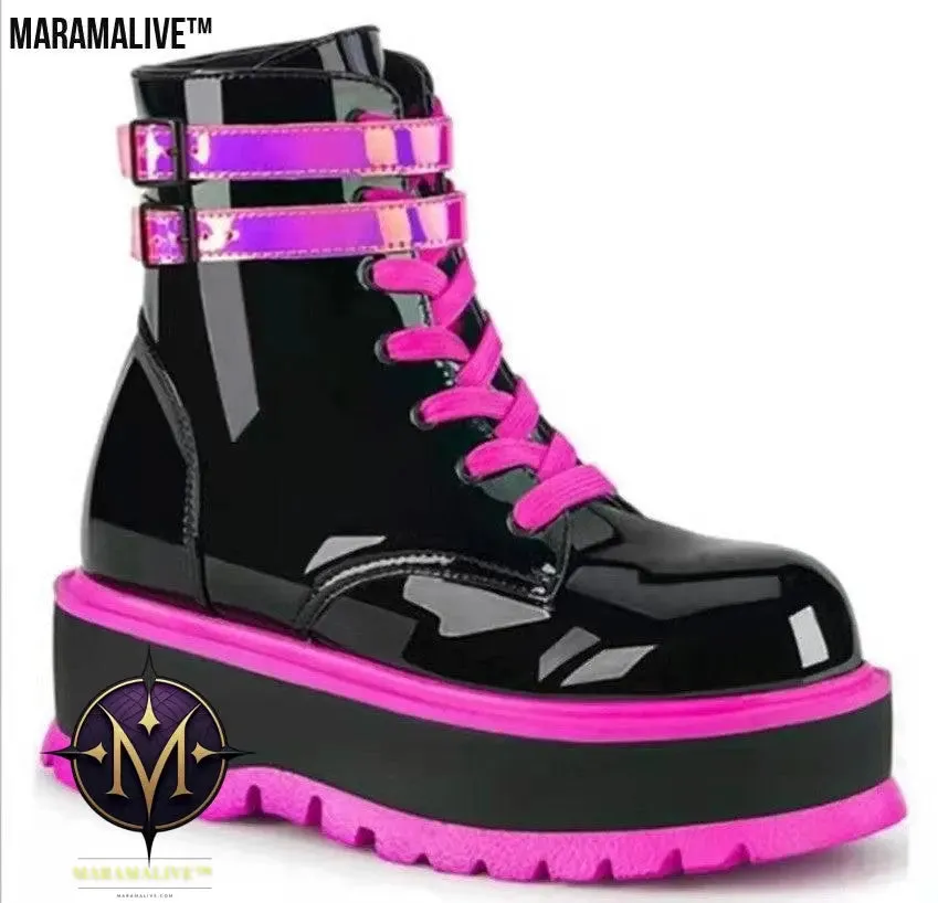 Platform Mid-heel Shiny Leather Zip Boots