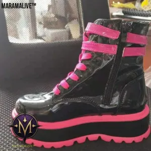 Platform Mid-heel Shiny Leather Zip Boots