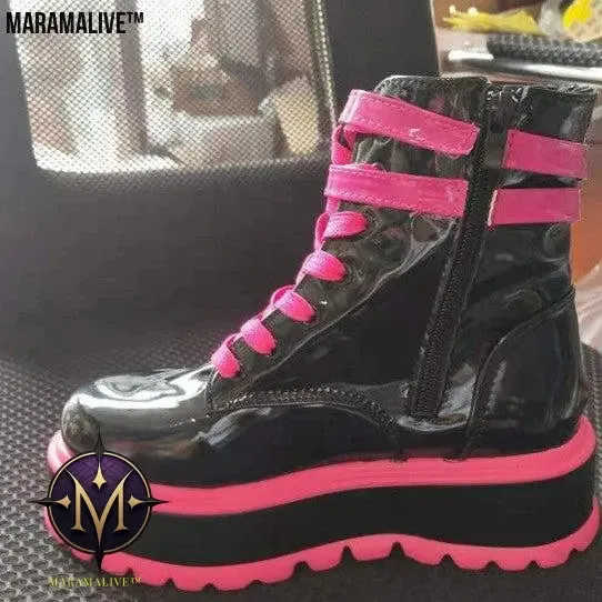 Platform Mid-heel Shiny Leather Zip Boots