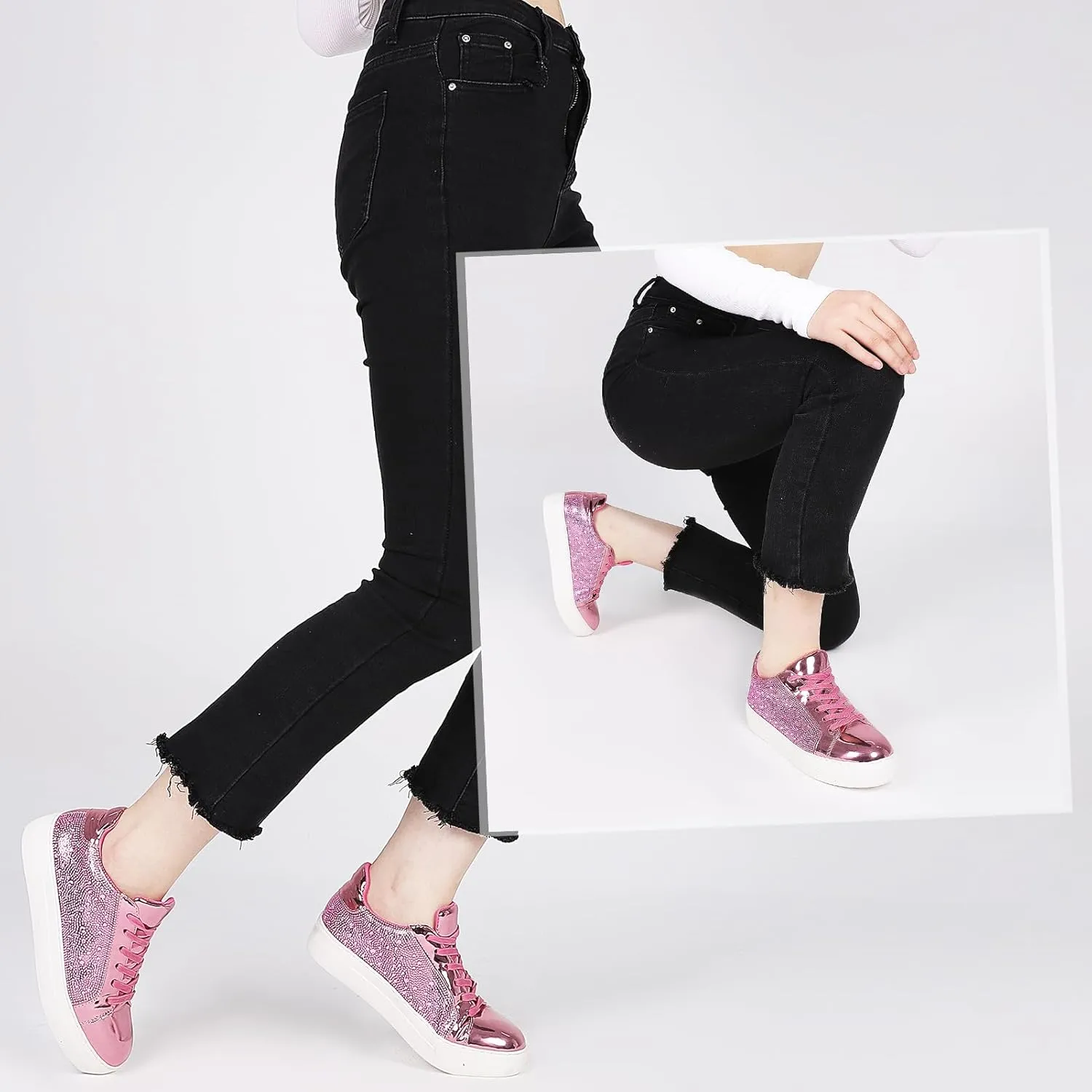 Platform Sneakers for Women Shiny Women’s Fashion Sneakers Low Top Lace Up Womens Walking Sneakers Glitter Sparkly Rhinestone Sneakers Casual Wedding Dressy Tennis Shoes