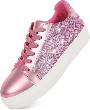 Platform Sneakers for Women Shiny Women’s Fashion Sneakers Low Top Lace Up Womens Walking Sneakers Glitter Sparkly Rhinestone Sneakers Casual Wedding Dressy Tennis Shoes