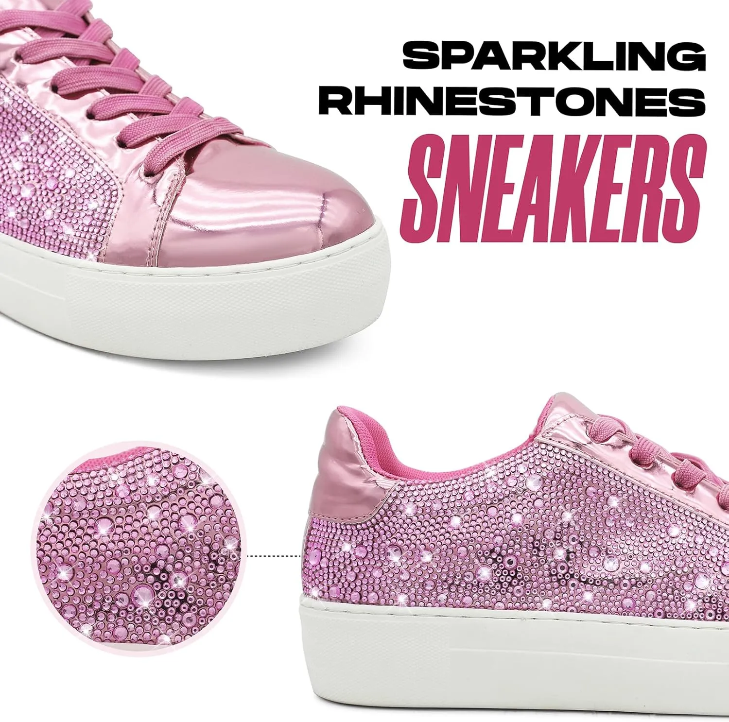 Platform Sneakers for Women Shiny Women’s Fashion Sneakers Low Top Lace Up Womens Walking Sneakers Glitter Sparkly Rhinestone Sneakers Casual Wedding Dressy Tennis Shoes